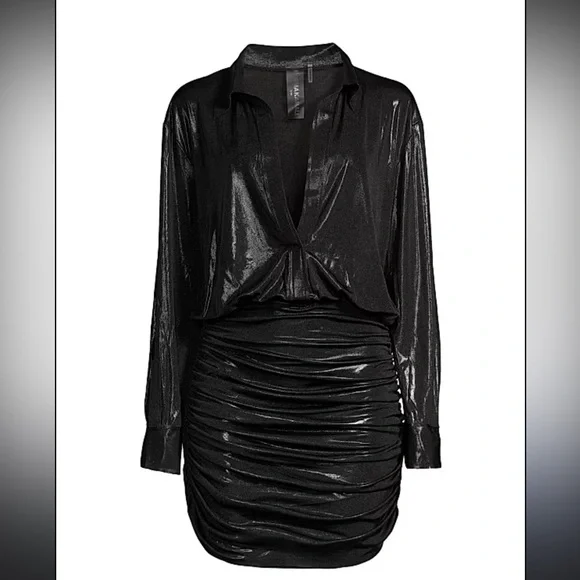Norma Kamali Black Boyfriend shirtdress Plunge Ruched Mini Dress - Picture 5 of 8